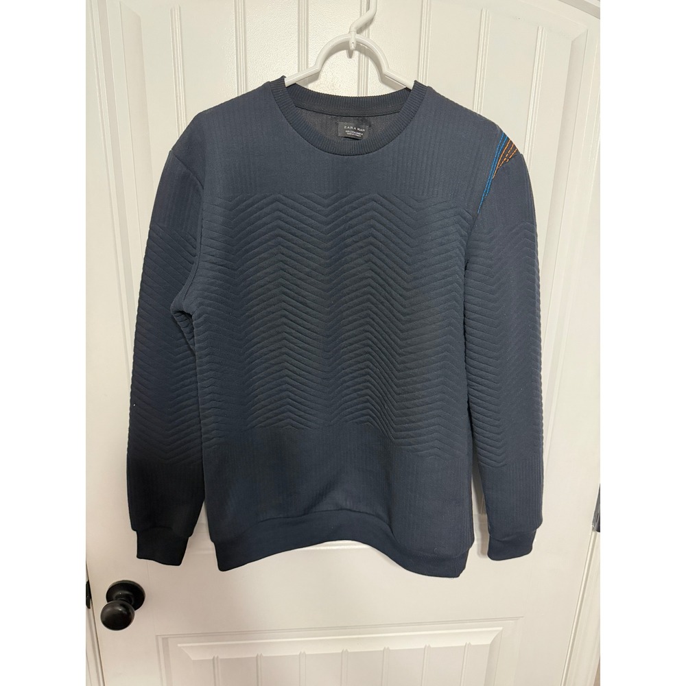 Zara Man Sweatshirt Mens Large Navy Blue Quilted Chevron Textured EUC